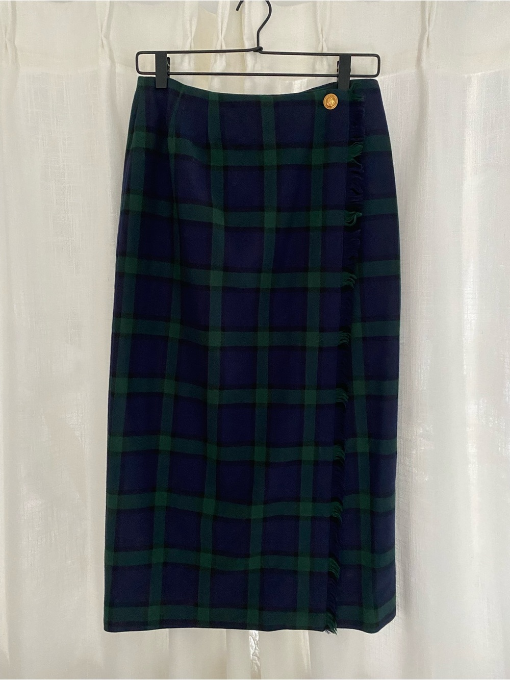 J. McLaughlin Navy & Green Tartan Plaid Pencil Skirt with Gold Button